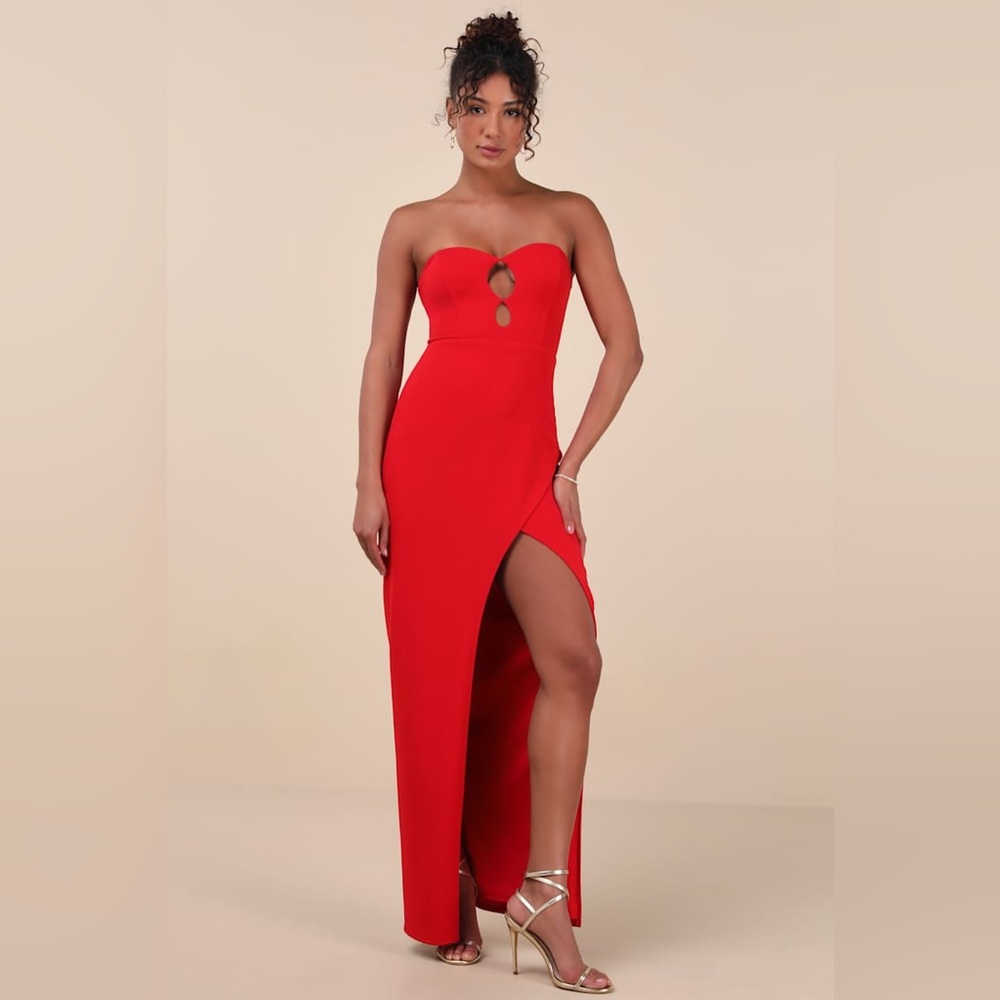 Kaori Red Cutout Strapless Tulip Maxi Dress
